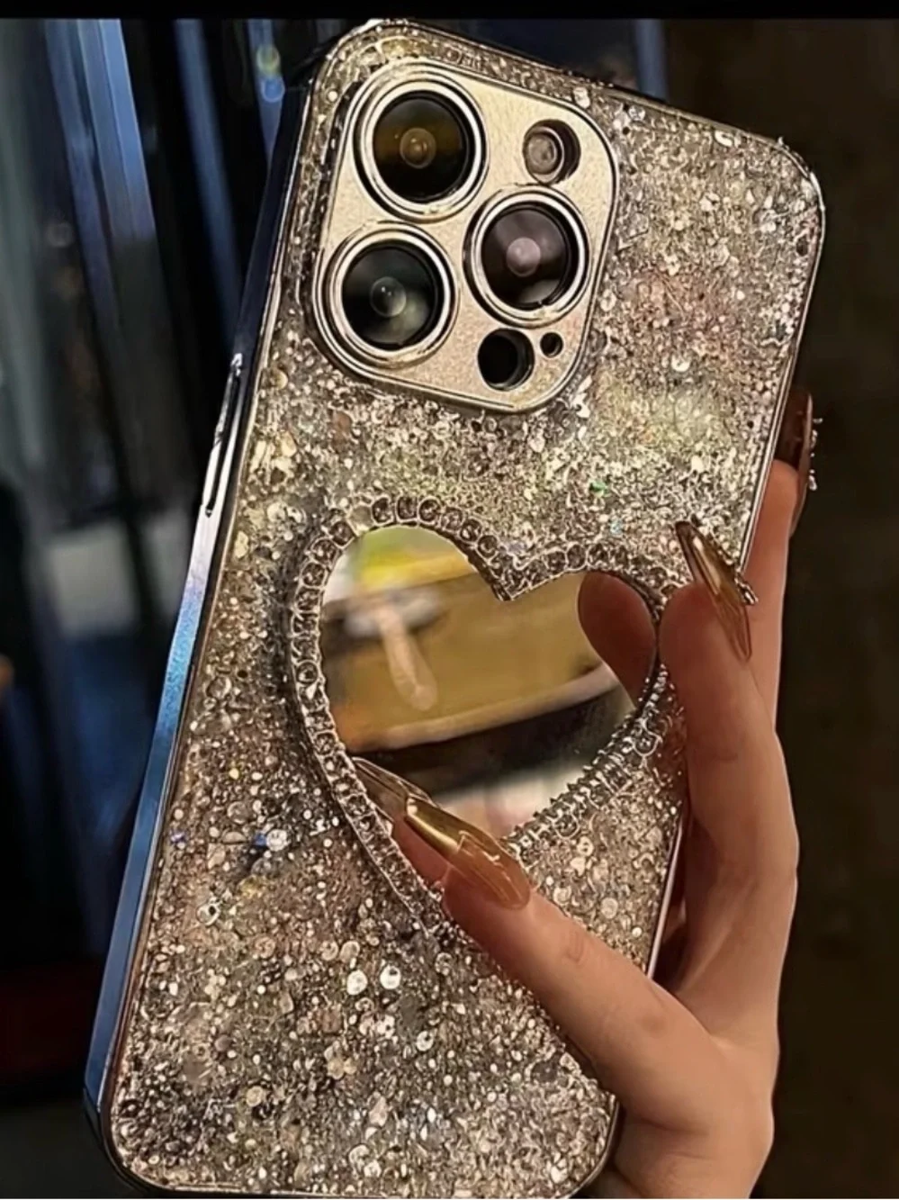 Sparkle Heart Mirror Glitter Phone Case - Silver iPhone 17 pro max